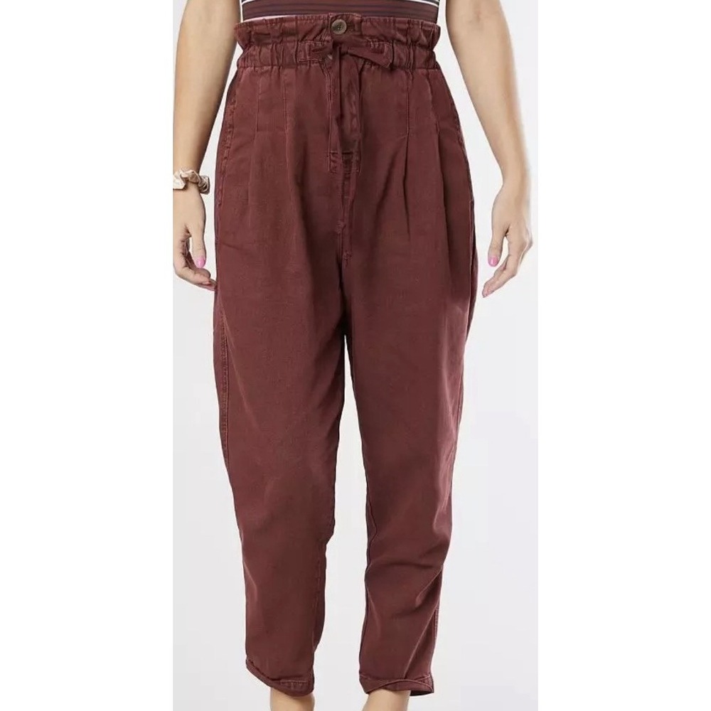 Free People Margate Womens Small Vino Maroon Button Fly High Rise Paperbag Pants
